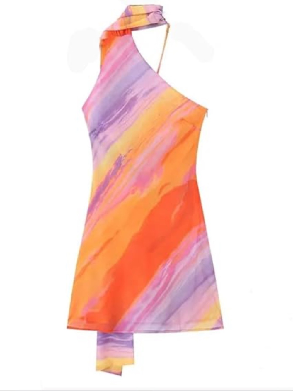 One-Shoulder Watercolor Print Mini Dress in Orange & Purple